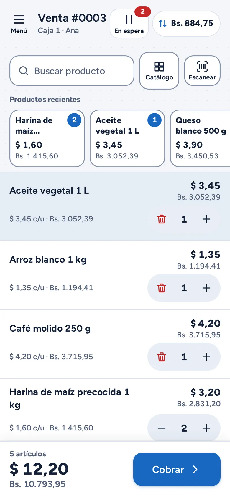 Pantalla Vender de Cóbrate con cuatro productos en la venta y el total de $ 12,20 (Bs. 10.793,95)